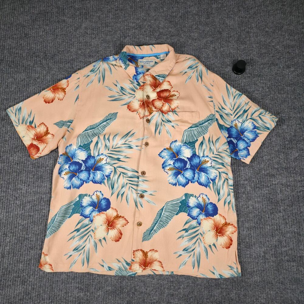 Caribbean Silk Blend Hawaiian Shirt Mens Large Peach Floral Tropical Button Up